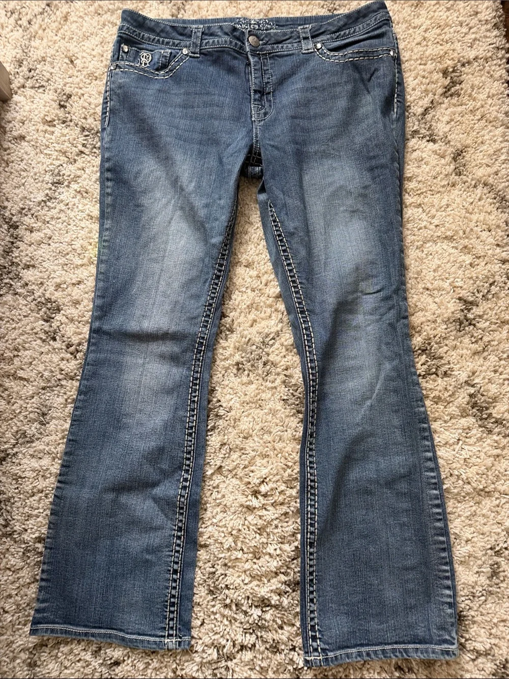 Paisley Sky Medium Blue Flare Jeans with Contrast Stitching